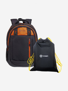 Рюкзак TORBER CLASS X, черный с оранжевой вставкой, 45 x 32 x 16см+Мешок для сменной обуви в подарок,