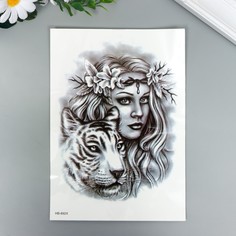 Татуировка на тело чёрная "Амазонка с тигром" 21х15 см No Brand