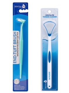 Монопучковая зубная щетка Dentalpik для брекетов зеленая и скребок для языка синий