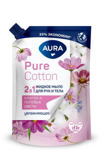 Мыло AURA Pure Cotton Хлопок и полевые цветы, 2в1 для рук и тела, жидкое 450мл КК/12