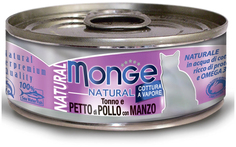 Влажный корм для кошек Monge Cat Natural тунец с курицей и говядиной, 80 г