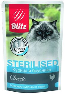 Влажный корм для кошек BLITZ CLASSIC курица и брусника, для стерилизованных, 24шт по 85г
