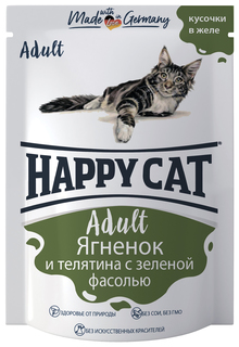 Влажный корм для кошек Happy Cat с ягненком телятиной и зеленой фасолью, 24 шт по 100 г