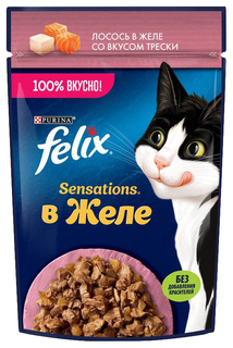 Влажный корм для кошек Felix Sensations с лососем и треской в желе, 75 г
