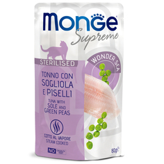 Влажный корм для кошек Monge Supreme Pouch тунец с желтоперой камбалой и горошком, 80 г