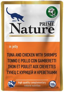 Корм влажный Prime Nature для кошек, тунец с курицей и креветками, в желе, пауч, 100 г P.R.I.M.E.