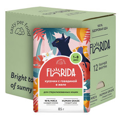 Влажный корм для стерилизованных кошек Florida с говядиной, кусочки в желе - 85 г x 12 шт
