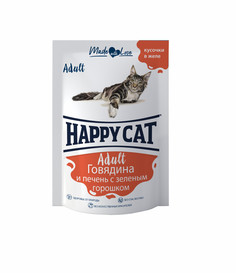 Влажный корм для взрослых кошек Happy Cat говядина, печень, горох в желе - 100 г х 24 шт