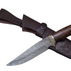 Нож Легионер из дамасской стали, рукоять ореховый кап, литьё мельхиор Ворсма