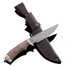 Нож Легионер из дамасской стали, рукоять карельская береза, литьё мельхиор Ворсма