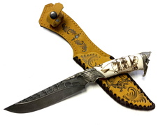 Нож Путник Семин, дамасская сталь, рукоять из кости, мельхиор
