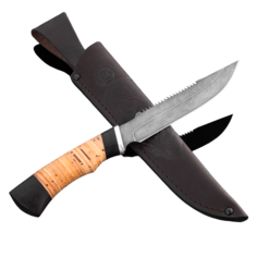 Нож Осетр из дамасской стали, рукоять береста, граб Ворсма