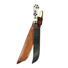 Нож Пчак Шархон - кость, ёрма сапожок "Мехенди" гарда олово, гравировка с садафом, 17 см Shafran
