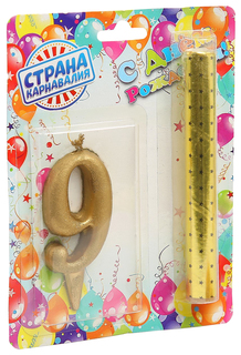 Свеча для торта цифра "Овал + фонтан" золотая "9" Sima-Land