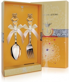 Набор детский "Мишка с сердечками" из серебра с позолотой (ложка + вилка) АргентА