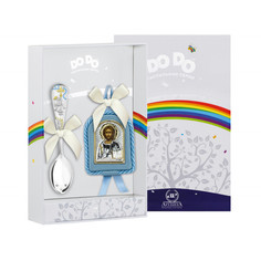 Набор серебро с иконой "Вседержитель" голубая и серебряная ложка "Крестильная" с голубой э АргентА