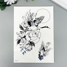 Татуировка на тело чёрная Журавль и цветы 21х15 см 3 шт 5310483-3p No Brand