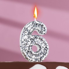Свеча в торт «Блестки», цифра "6",серебро, 6.5х4 Страна Карнавалия