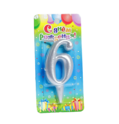 Свеча для торта цифра "Серебряная", 7.8 см, цифра "6" Омский Свечной