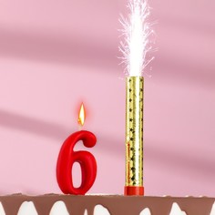 Свеча для торта цифра "Овал" красная "6" + фонтан Страна Карнавалия
