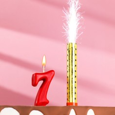 Свеча для торта цифра "Овал" красная "7" + фонтан Страна Карнавалия