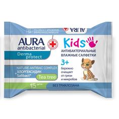Влажные салфетки AURA, детские 3+, 15 шт.