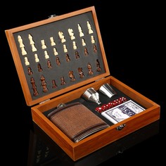 Набор 6 в 1:фляжка 8 oz, рюмка, воронка, кубики 5 шт, карты, шахматы, 18 х 24 см No Brand