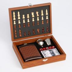 Набор 6 в 1:фляжка 8 oz, рюмка, воронка, кубики 5 шт, карты, шахматы, 18 х 24 см , микс No Brand