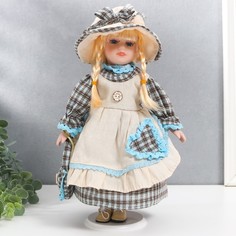 Кукла коллекционная керамика "Лена в голубом платье и шляпке в клетку" 30 см No Brand