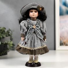Кукла коллекционная керамика "Валя в платье в полоску и вязаном жилете" 30 см No Brand