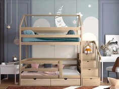 Кровать Двухъярусная с лестницей-комодом, 160х80, с выкат. ящиками, натур.цвет, из массива Moonlees