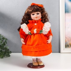 Кукла коллекционная керамика Агата в ярко-оранжевом платье и банте, с рюшами 30 см No Brand