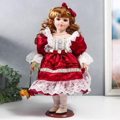 Кукла коллекционная керамика Наташа в бордовом платье с рюшами, с бантом в волосах 40 см No Brand