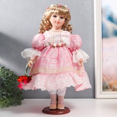 Кукла коллекционная керамика Нина в нежно-розовом платье, в цветочном венке 40 см No Brand