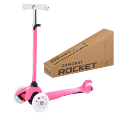 Самокат трёхколёсный ROCKET колёса световые PU, цвет бело-розовый