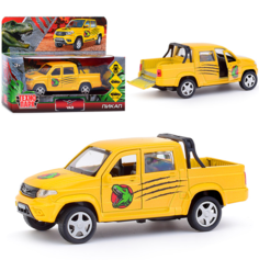 Машина металл УАЗ Пикап Динозавры 12 см, (откр. двери, багаж, желтый) инерц, в коробке Технопарк