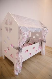 Крыша-балдахин на кровать домик со шторками, 100% хлопок, поплин, цвет серый с принцессами БазисВуд