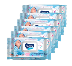 Детские влажные салфетки Aura Ultra Comfort, с алоэ и витамином Е, 120 шт., 6 упаковок