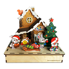Новогодний домик Woodenking деревянный конструктор с зайцами и подсветкой