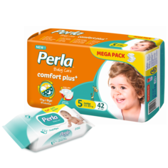 Комплект подгузники Perla Baby Mega Junior, 11-25 кг., влажные салфетки, 72 шт.