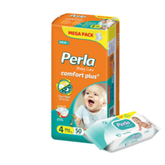 Комплект подгузники Perla Baby Mega Maxi, 7-18 кг., влажные салфетки, 72 шт.