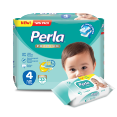 Комплект подгузники Perla Baby Twin Maxi, 7-18 кг., влажные салфетки, 72 шт.