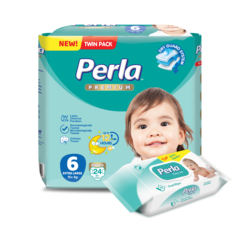 Комплект подгузники Perla Baby Twin Extra Large, 15 кг., влажные салфетки, 72 шт.