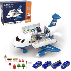 Игровой набор грузовой самолет с 4 машинками и набором дорожных знаков, со светом и звуко No Brand