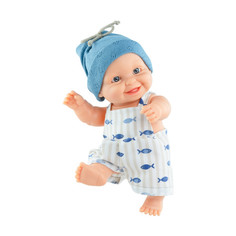 Кукла-пупс Тео в комбинезоне с рыбками и синей шапочке, 22 см. Paola Reina