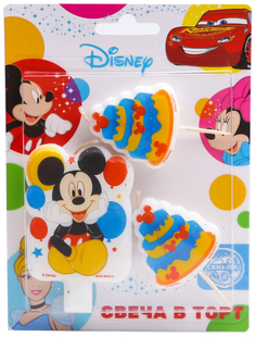 Свеча в торт набор С Днем Рождения 3 шт., Микки Маус Disney