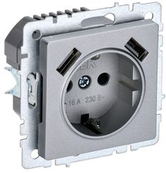 Розетка BRITE РЮш10-1-БрА 16А с USB A+A 2.1А с заземл. защ. шторки алюм. IEK BR-R14-16-U21