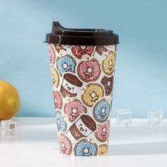 Стакан пластиковый с крышкой IZI-GO, 550 мл, 9,3?9,1?15,8 см, декор кофе крем, цвет тёмно- Idiland