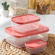 Набор контейнеров прямоугольных Доляна, 3 шт: 150 мл, 500 мл, 1,2 л, коралловый