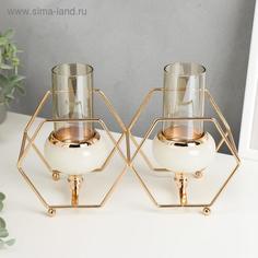 Подсвечник металл, стекло на 2 свечи Шестигранники белый с золотом 15,5х26,5х10,5 см No Brand